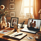 A warm and inspiring blog photo representing work-life balance for working parents. The image shows a home workspace setup with a laptop, a coffee cup